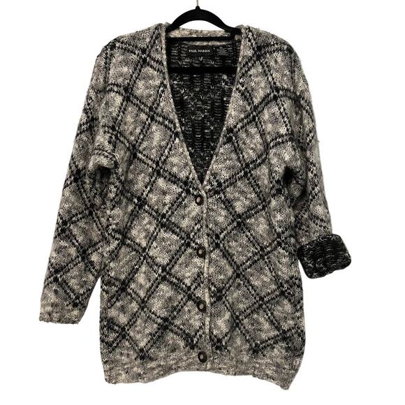 Vintage Mohair Wool Chunky Knit Grandpa Cardigan Sweater Black White Size Small - Picture 1 of 9